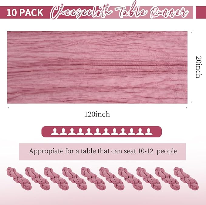 10 Pack Dusty Rose Table Runner 10Ft Cheesecloth Table Runner Boho Gauze Table Runners Romantic Long Sheer Fabric Cheese Cloth Table Runners for Wedding Party Bridal Shower(Dusty Rose)