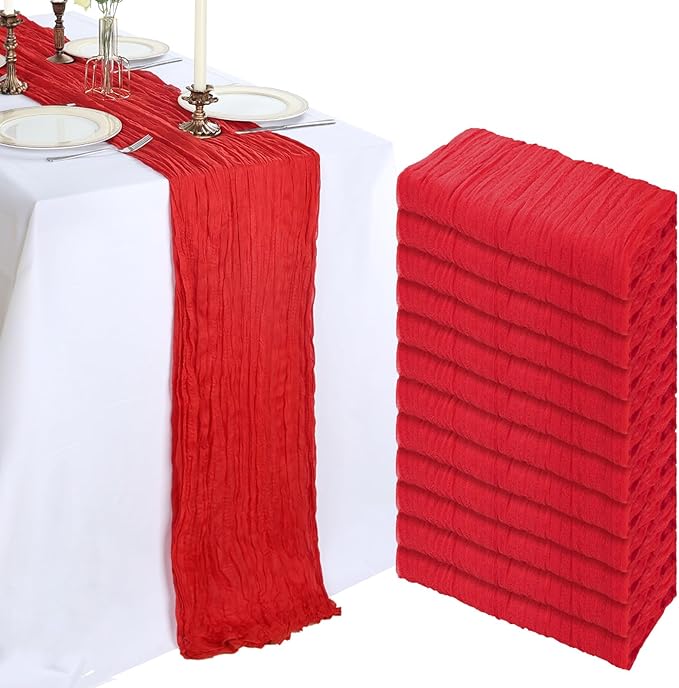 12 Pack 10FT Red Cheesecloth Table Runner 120 Inch Long Gauze Rustic Boho Spring Cheese Cloth Table Runner Sheer Fabric Decorations for Holiday Party Wedding Banquet Bridal Baby Shower Décor