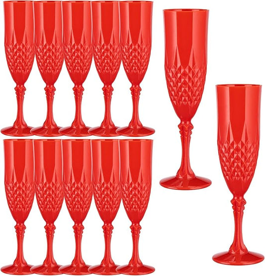7.1OZ Plastic Champagne Flutes,24PCS Red Acrylic Wine Glasses Goblets Shatterproof Mimosa Bar Reusable Vintage Champagne Flutes Stemmed Drinking Cups for Weddings Bachelor Parties, Toasting,Christmas