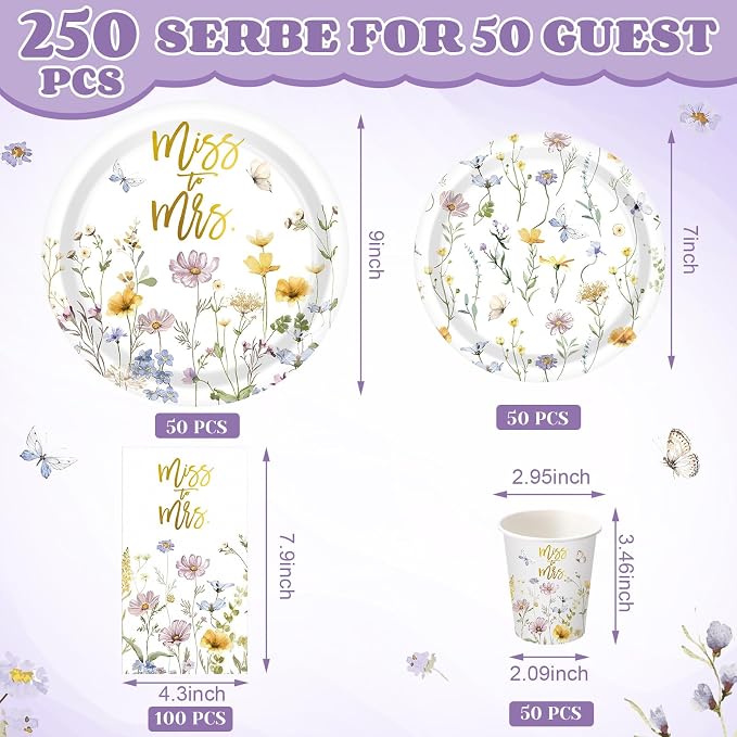 Funnymoom 250 Pcs Miss to Mrs Wildflower Party Decorations Floral Wedding Paper Plates Napkins and Cups Disposable Tableware Set for Wedding Bridal Shower Engagement Party Supplies, Serves 50