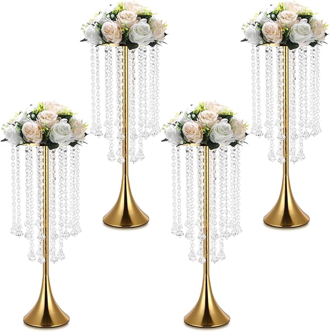 4 Pcs Gold Centerpieces for Table, Rozrety Wedding Centerpiece Vases for Tables 22inch Tall Metal Crystal Flower Stand for Party Event Wedding Anniversary Dinner Home Decorations | Rust-Resistant Metal with Crystal Drops, Versatile Style, Easy Assembly...