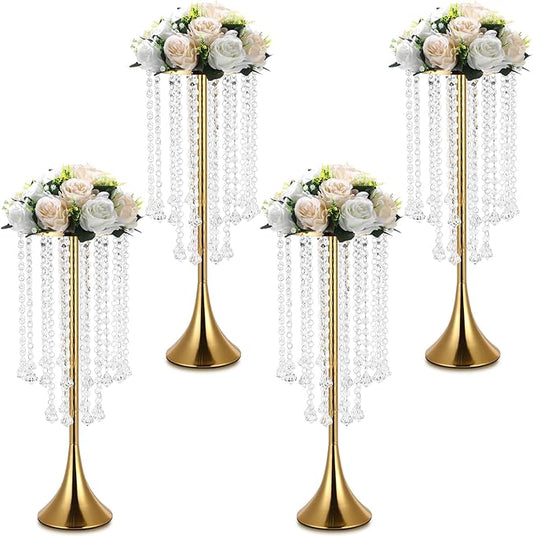 4 Pcs Gold Centerpieces for Table, Rozrety Wedding Centerpiece Vases for Tables 22inch Tall Metal Crystal Flower Stand for Party Event Wedding Anniversary Dinner Home Decorations | Rust-Resistant Metal with Crystal Drops, Versatile Style, Easy Assembly...