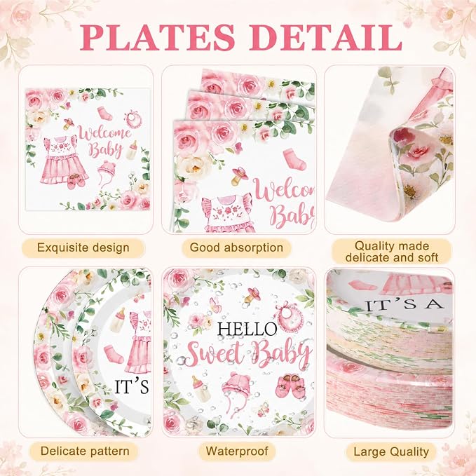 Pickmesh 250 Pcs Pink Floral Baby Girl Disposable Tableware Set Hello Sweet Baby Paper Plates Napkins Cups Cutlery for Gender Reveal Birthday Party Supplies Babies Shower, Serve 50 Guest