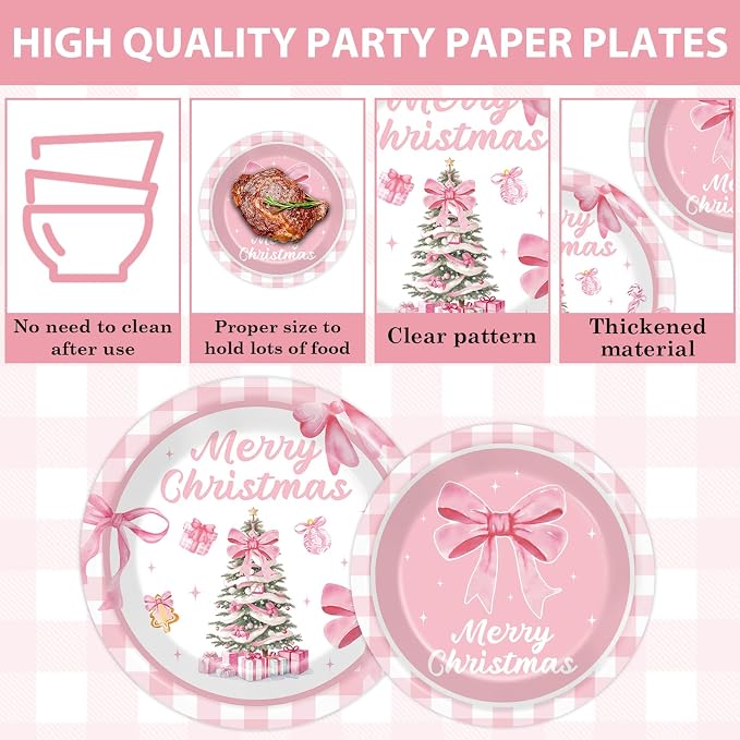96Pcs Pink Christmas Tree Party Decorations Pink Bow Plates and Napkins Tableware Buffalo Plaid Dinnerware for Merry Xmas Winter Holiday Party Supplies 24 Guests