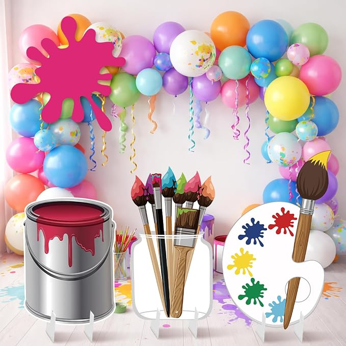 4 Pcs Large Paint Party Decorations - Colorful Art Cardboard Cutouts for Back to School Art Classroom Decor, Paint Can Palette Brush Cutouts for Birthday Baby Shower Craft Photo Props