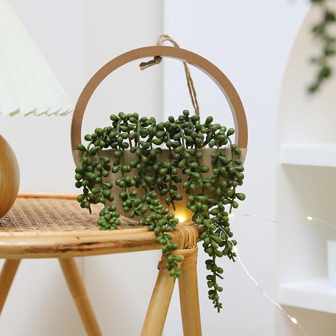 Floweroyal 2pcs Artificial Succulents Hanging Plants 20.1'' Fake String of Pearls in Pot with 9.4'' Lanyard for Indoor Outdoor Wall Decor（Wood Color）
