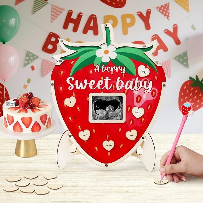 Strawberry Baby Shower Decorations,Berry Sweet Baby Shower Guest Book Alternatives with Strawberry Pen,Photo Frame and 60 Heart Wood Slices for 60 Guests,Gender Reveal Decorations