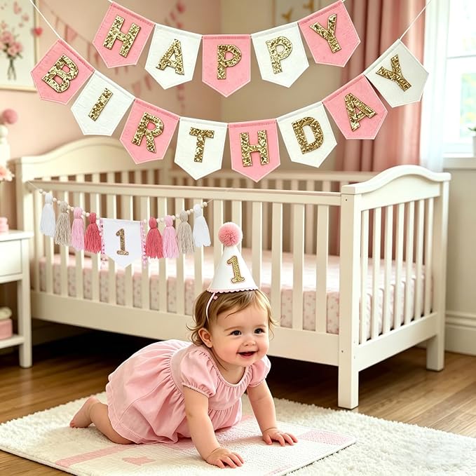 First Birthday Decorations For Girl- Felt Happy Birthday Banner Pink Gold 1st Birthday High Chair Decorations,Birthday Topper Party Hat,Boho Pink Gold 1st Birthday Party Supplies For Girl