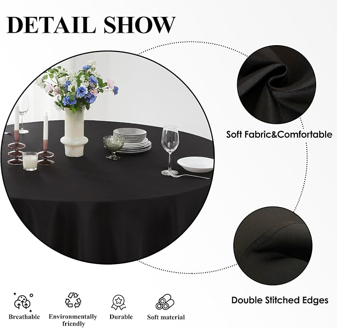 Round Tablecloth 8 Pack 90 Inch Black Tablecloths Washable Decorative Linen Polyester Table Clothes Cover for Dining Table Banquets Buffet Parties and Wedding