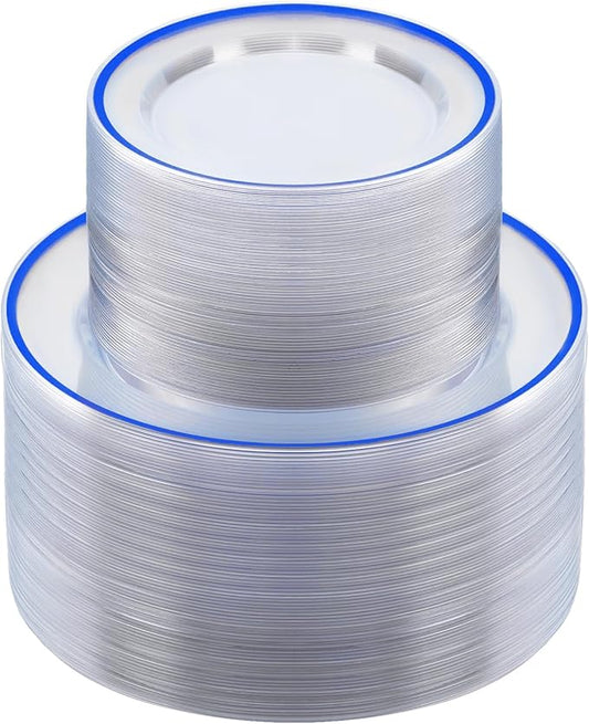 BESTSTAR 200PCS Blue and Clear Plastic Plates, Blue Disposable Plate Set with 100 Dinner Plate and 100 Dessert Plates for Party, National Day