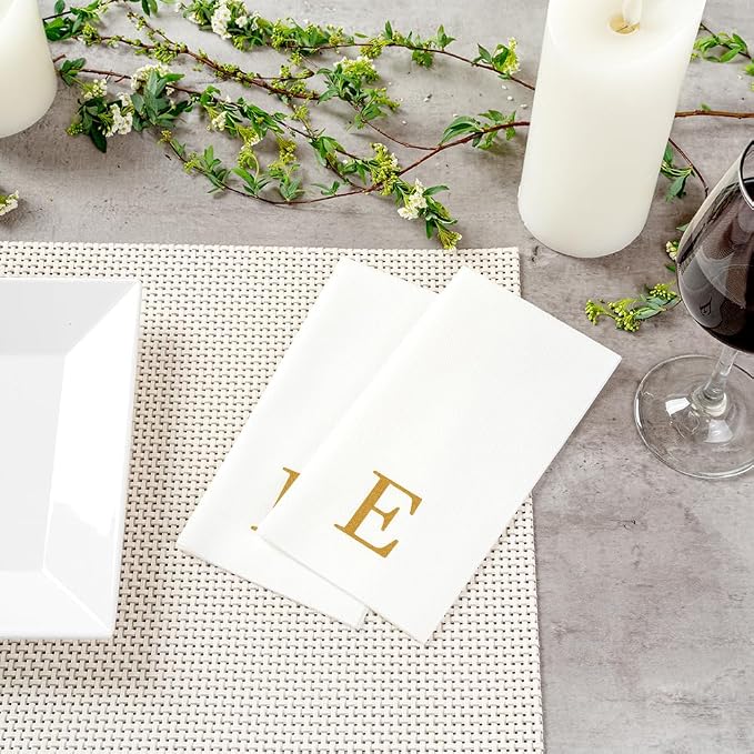 Luxenap 15.8 X 7.9 Inch Linen-Feel Guest Towels, 50 Lettered Hand Towels - Gold Letter 'E', Sans Serif Font, White Paper Dinner Napkins, airlaid, For Restrooms And Tables - Restaurantware