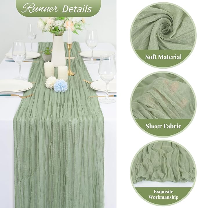 20 Pack Sage Green Cheesecloth Table Runner 120 Inch 10FT Rustic Boho Gauze Cheese Cloth Table Runner for Wedding Party Baby Shower Thanksgiving Christmas Decoration