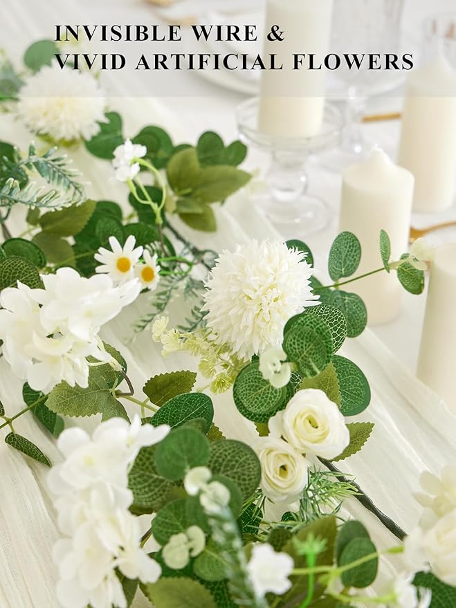 MISSPIN 5.9Ft Eucalyptus Garland with Flowers, Artificial Fake Flower Greenery Spring Garland for Baby Shower Wedding Mantle Table Centerpiece Spring Decor