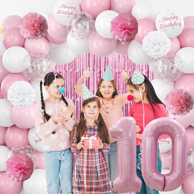 10th Birthday Decorations for Girls Pink Number 10 Balloon Bow Coquette Happy Birthday Banner Fringe Curtain Paper Pom Poms Star Heart Foil Pink White Balloons 10 Year Old Party Decor