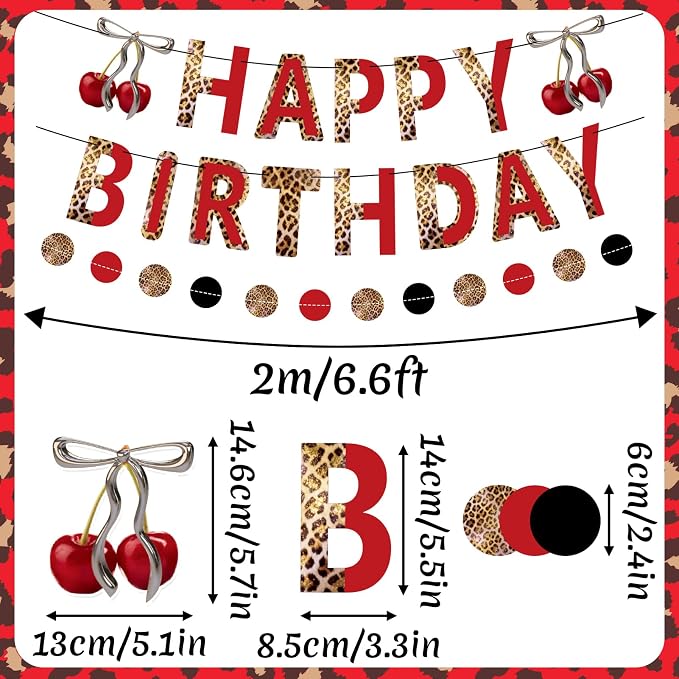 Cheetah Birthday Party Decorations Cherry Print Paper Fans Tissue Pom Pom Cherry Honeycomb Animal Print Birthday Banner Hanging Swirls Red Black Animal Print Party Decoration for Women Girls Birthday