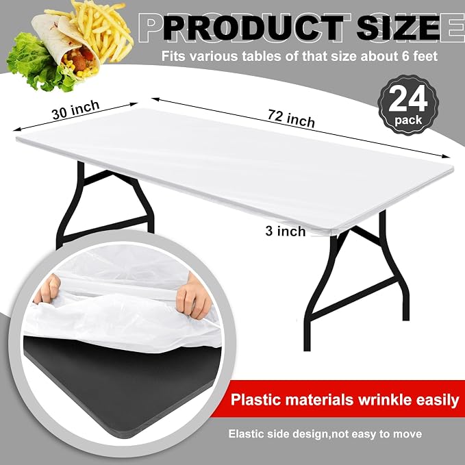 Boao 24 Pcs Summer Plastic Table Cloth Rectangle Picnic Table Covers Elastic Fitted Tablecloth, Disposable Waterproof for Camping, Indoor, Outdoor (White,6 Ft, 72 x 30 Inch)