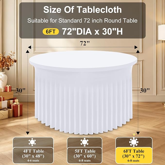 Smiry Round Spandex Tablecloth, Elastic Fitted Washable Tablecloths for 72 Round Tables, Waterpoof Stretch Table Cover Skirt for Outdoor, Wedding, Banquet & Parties, White