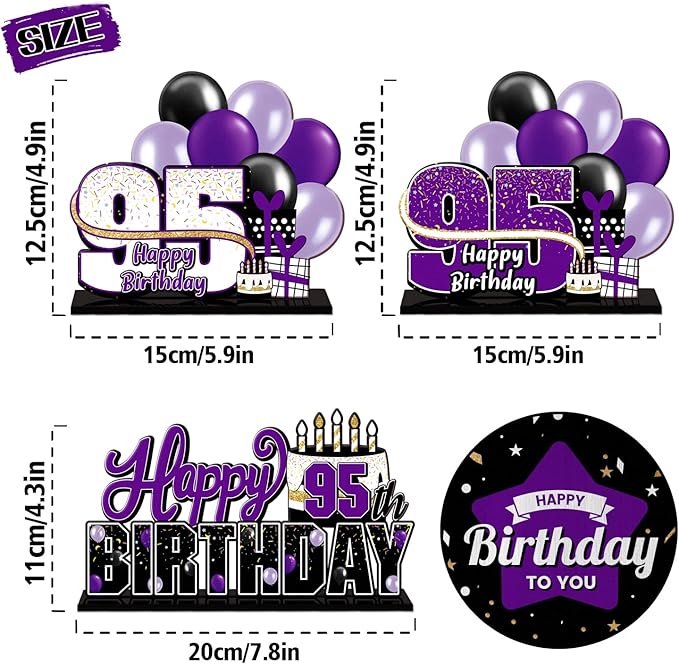 LINGTEER Happy 95th Birthday Purple Acrylic Table Topper Centerpieces Set - Cheers to 95 Years Old Birthday 95th Bday Party Gift Decorations.