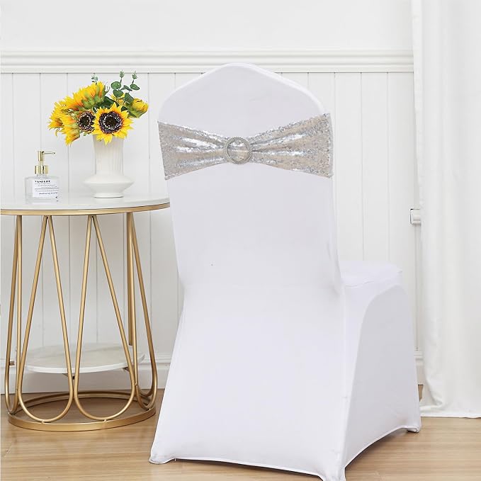 50 Pack Sequin Silver Chair Sashes for Wedding Decor, Glitter Chair Sash Bands with Buckles, Sequins Chairs Bows for Party Anniversary Engagement Ceremony Event Christmas Decorations