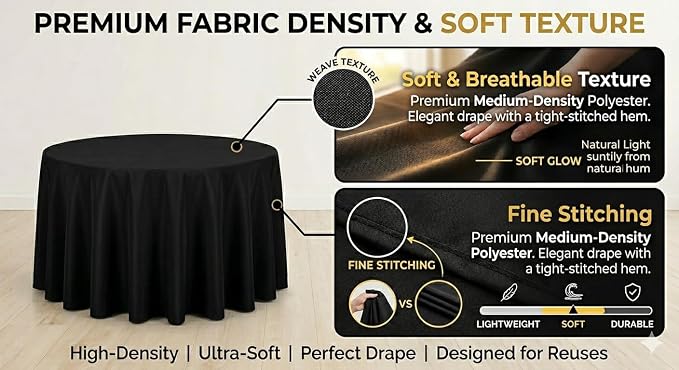 120 Inch Black Polyester Tablecloth, Soft & Easy to Iron, Stain Resistant Wrinkle Free Circle Table Cover, Washable Reusable for Wedding, Party, Birthday, Banquet & Reception
