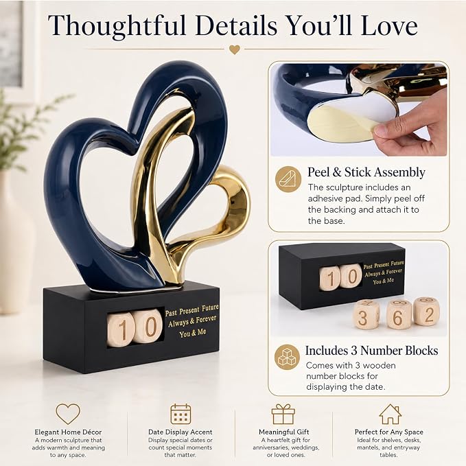Ceramic Heart Sculpture with Date Blocks, Blue Gold Hearts Statue for Home Decor, Romantic Valentines Day & Wedding for Couple, Shelf Mantel Tabletop Display (Blue Gold)