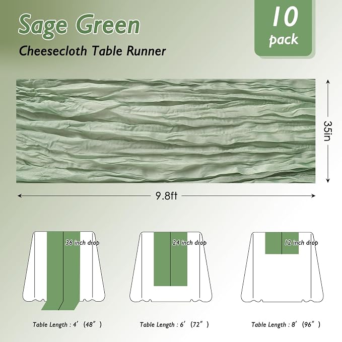 8 Pack Sage Green Cheesecloth Table Runner 120 Inch 10FT Gauze Cheese Cloth for Baby Shower, Boho Decor, Wedding Decoration, Jungle Theme Party