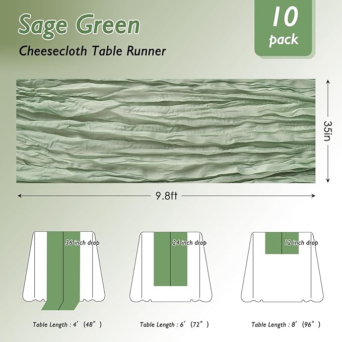 10 Pack Sage Green Cheesecloth Table Runner 120 Inch 10FT Cheese Cloth Fabric Runners for Baby Shower, Boho Decor, Wedding Decoration, Jungle Theme Party