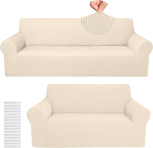 Peryiter 2 Pcs Sofa Covers Couch and Loveseat Covers Set Stretch Sofa Slipcover for Living Room Armchair Furniture Protector, Wrinkle Proof(Beige,Jacquard)
