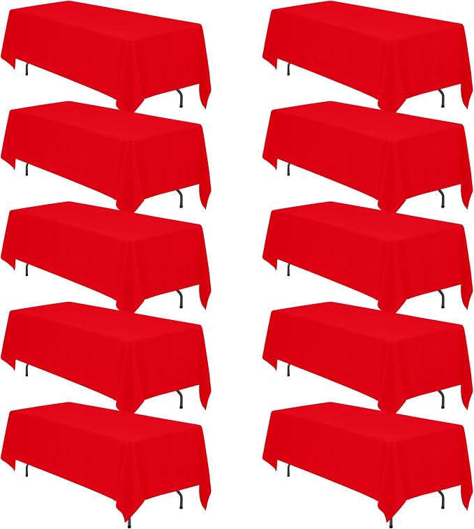 BRILLMAX 10 Pack Red Tablecloths 70 x 120 Inch for 6ft & 8ft Rectangle Tables - 150 GSM Polyester Fabric, Universal Fit, Water, Stain & Wrinkle Resistant Cloth Cover for Wedding Reception Banquet
