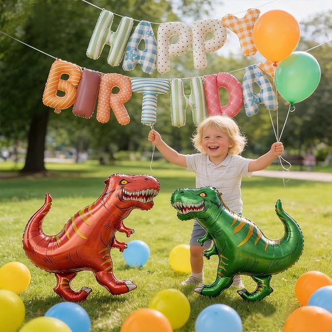 60 PCS Dinosaur Happy Birthday Foil Balloon Decoration Kit, T-Rex, Triceratops, Ankylosaurus Assembleable Inflatable Standing Mylar Balloons with Birthday Banner for Kids Boys Party Decor