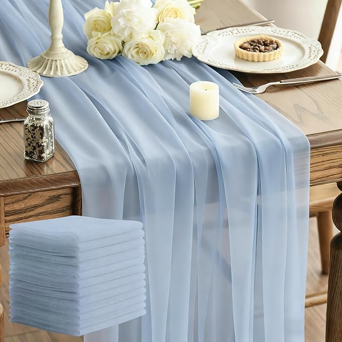 Soft Dusty Blue Shimmery Chiffon Table Runner 35x120 Inches 12 Pack Bulk for Thanksgiving Christmas Bulk Party Table Decor