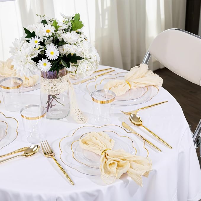 ejonirinjonir EI 180pcs Clear and Gold Plastic Plates with Plastic Silverware,Dinnerware Plate Set for Party,Disposable Plates Heavy Duty Clear Gold Cups for Wedding,Birthday,Spring Afternoon Tea