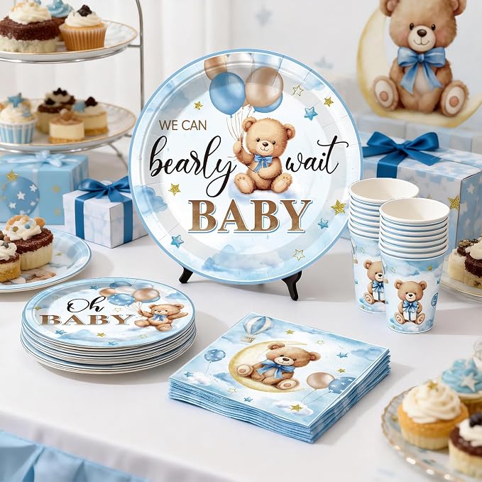 342Pcs Blue Bear Baby Shower Decorations Serves 25, All-in-1 Bear Party Decorations with Balloon Arch Kit Flower Crown Headband Plates Napkins Cake Topper Tablecloth Backdrop Blue Baby Shower Decor
