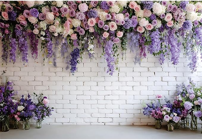 Baocicco Purple Floral Wall Backdrops 20x10ft Flowers White Brick Wall Backdrops for Photoshoot Valentine Day Decorations Anniversary Wedding Banner Supplies Birthday Baby Shower Photo Props