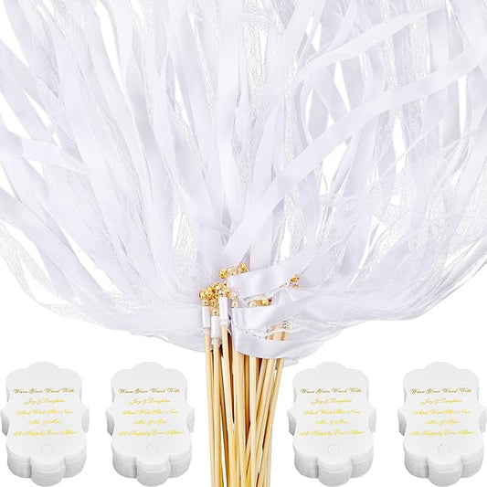 Taiyin 200 Pieces Ribbon Stick Wands with Lace Bells and Wedding Send Off Tags Wedding Gold Fairy Wand Streamer for Bridal Shower Party Holiday Celebration (White)