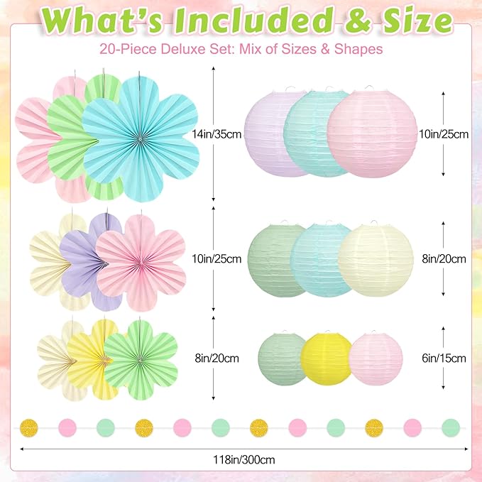 Spring Hanging Decorations - 20Pcs Pastel Party Decorations | Paper Lanterns & Flower Fans Set with Glitter Garland for Pastel Classroom Decor, Office, Baby Shower, Wedding & Easter Wall Decor
