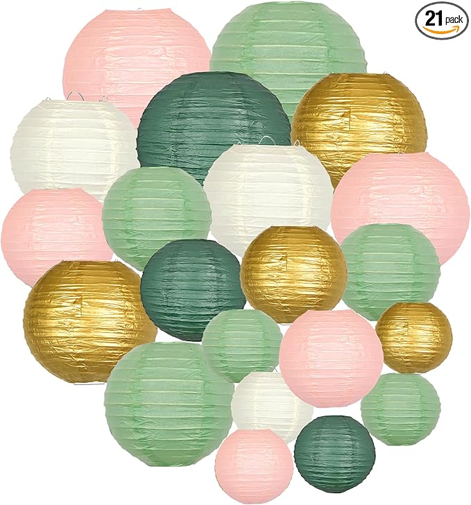 ADLKGG Paper Lanterns Decorative, Hanging Paper Lantern Decorations for Valentines Day Decorations Graduation Wedding St. Patrick's Day Neutral Baby Shower Home Decor Sage Green/Pink/Gold 21pcs