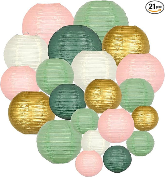 ADLKGG Paper Lanterns Decorative, Hanging Paper Lantern Decorations for Valentines Day Decorations Graduation Wedding St. Patrick's Day Neutral Baby Shower Home Decor Sage Green/Pink/Gold 21pcs