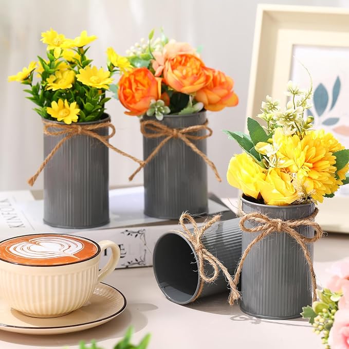 Rustic Vase for Table Centerpieces 4.33 Inch Small Petite Flower Vase with Twine Bow Vintage Farmhouse Decor for Wedding Reception Dining, Home Galvanized Metal Buckets(Gray,12 Pcs)