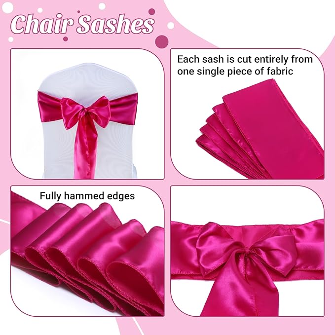 MDS Satin Chair Sashes, 200 Pack, 7”x108” Each, Decorative Chair Bows Ribbon Tie Backs for Wedding Party, Holiday Dinner, Birthday, Reception, Banquet, Hotel & Event Decoration - Magenta