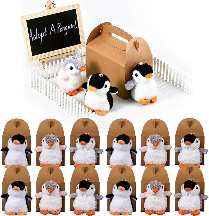 Adopt A Penguin Party Favors Mini Plush Stuffed Animals Set with 12 Plush Penguin Mini Fence Blackboard Kraft Paper Box for Adopt An Animal Themed Birthday Party