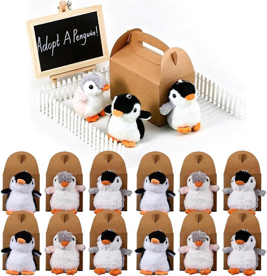 Adopt A Penguin Party Favors Mini Plush Stuffed Animals Set with 12 Plush Penguin Mini Fence Blackboard Kraft Paper Box for Adopt An Animal Themed Birthday Party