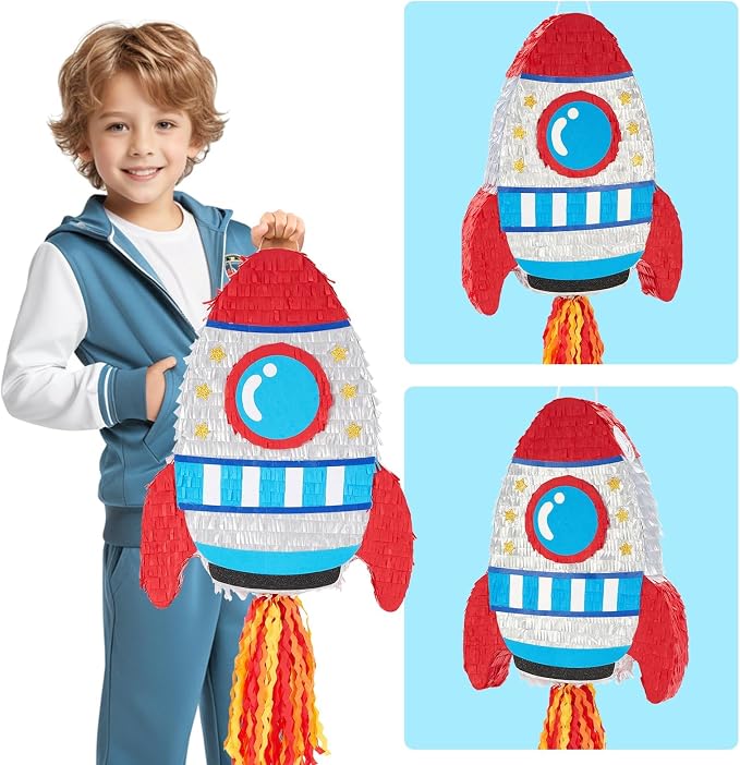 WERNNSAI Rocket Piñata - Rocket Ship Piñata Bundle with Blindfold and Bat Space Birthday Party Decoration for Boys Kids Family Games Space Ship Theme Party Supplies