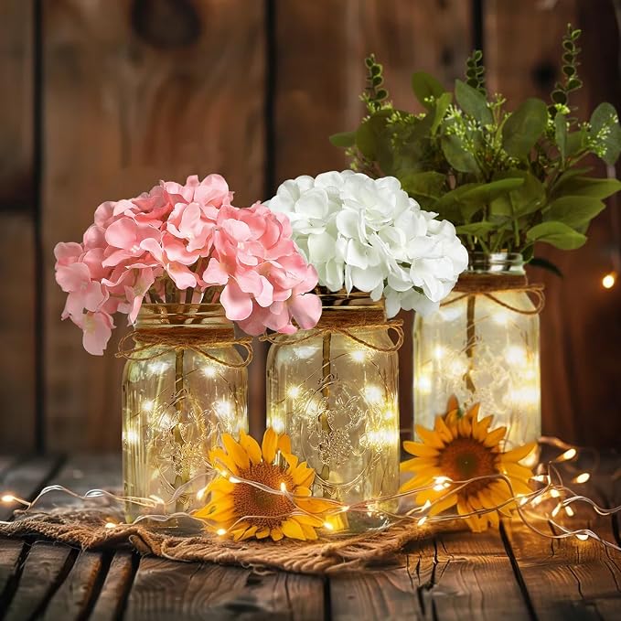 Set of 3 Mason Jar with Lights White Hydrangea Decorative Jars Flower Vase Farmhouse Table Centerpiece for Home Wedding Event Party Decor