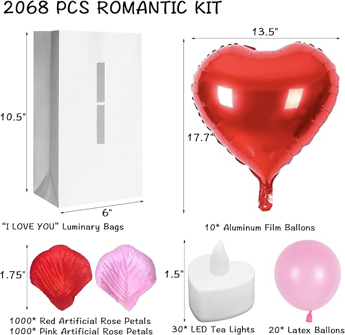 I Love You Light Up Letters with Tea Lights Candles Rose Petals Heart Balloons Luminary Paper Bags for Romantic Valentines Wedding Anniversary Banner Sign Decorations to Loved One(2068Pcs)