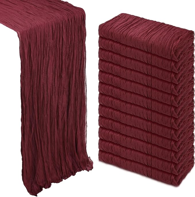 12 Pack Burgundy Cheesecloth Table Runner 10Ft Gauze Red Cheese Cloth Runner 35x120 Inch Boho Rustic Fabric for Holiday Party Decor Baby Shower Wedding Decorations