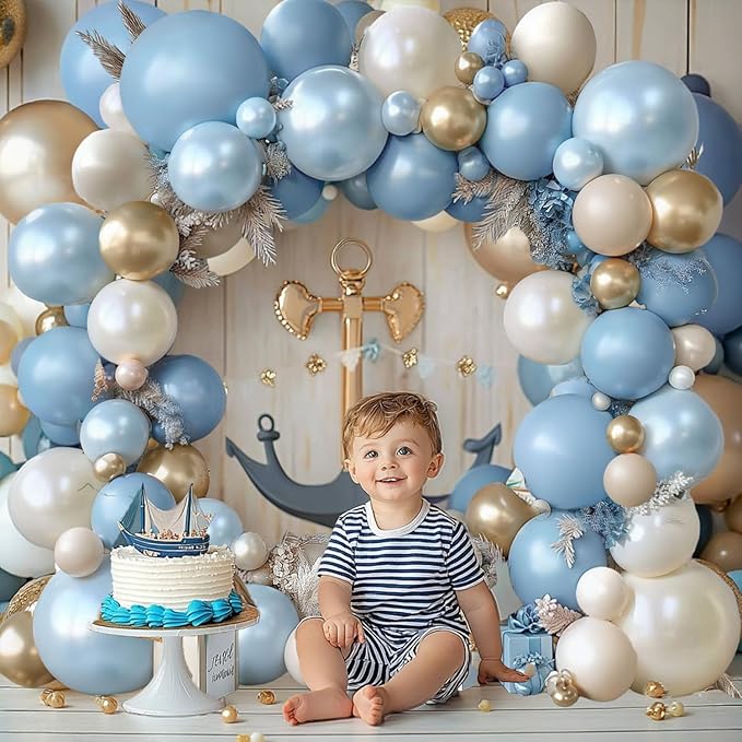 Dusty Blue Beige Gold Balloons Arch Kit, Double Stuffed Pastel Light Blue Pearl White Sand Chrome Gold Balloons for Elegant Weddings Birthdays Bridal Decoration