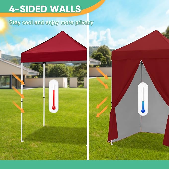 5x5 Pop Up Canopy Tent with Four Sidewalls, Instant Portable Beach Canopy, Outdoor Tent with Carry Bag for Camping, Sports, Tailgating, Events, Burgundy