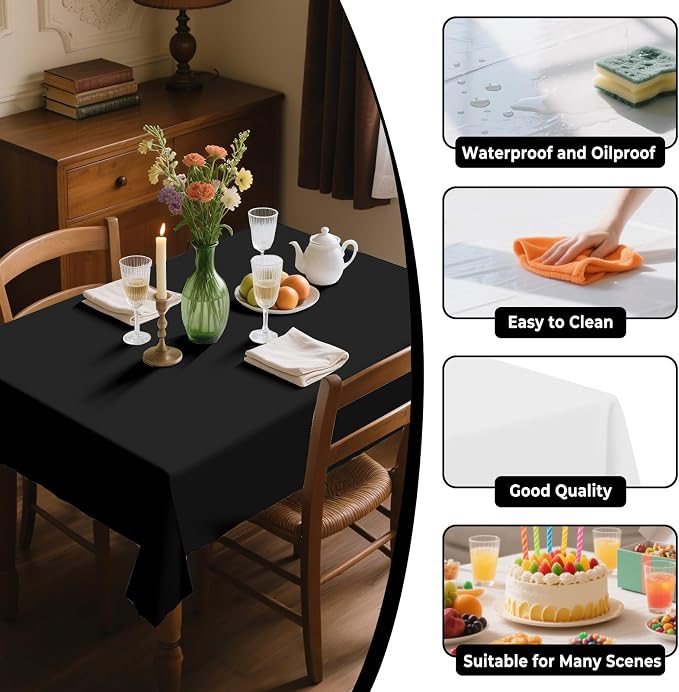 54IN X 320FT Plastic Table Cover Roll with Cutter Box, Cut to Size Plastic Table Cloths for Parties, Birthday, Disposable Tablecloth Roll for All Shape Tables (Black, 54 Inch X 320 Feet)
