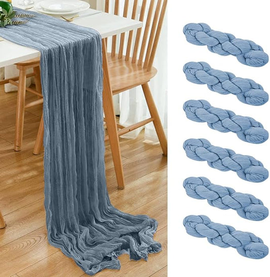 6 Pack Dusty Blue Cheesecloth Table Runner 21x120 Inch Boho Wrinkled Sheer Romantic Gauze Decor for Wedding, Bridal Shower, Birthday Party